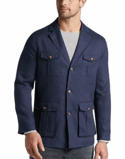 Joseph Abboud Modern Fit Linen Notch Collar 4-Pocket Soft Jacket, Navy