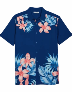 Cubavera Modern Fit 4-Way Stretch Sport Shirt, Navy Tropical Print
