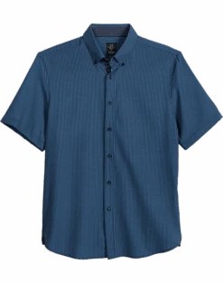 Michael Strahan Modern Fit Short Sleeve Sport Shirt, Navy Check 3-D Check